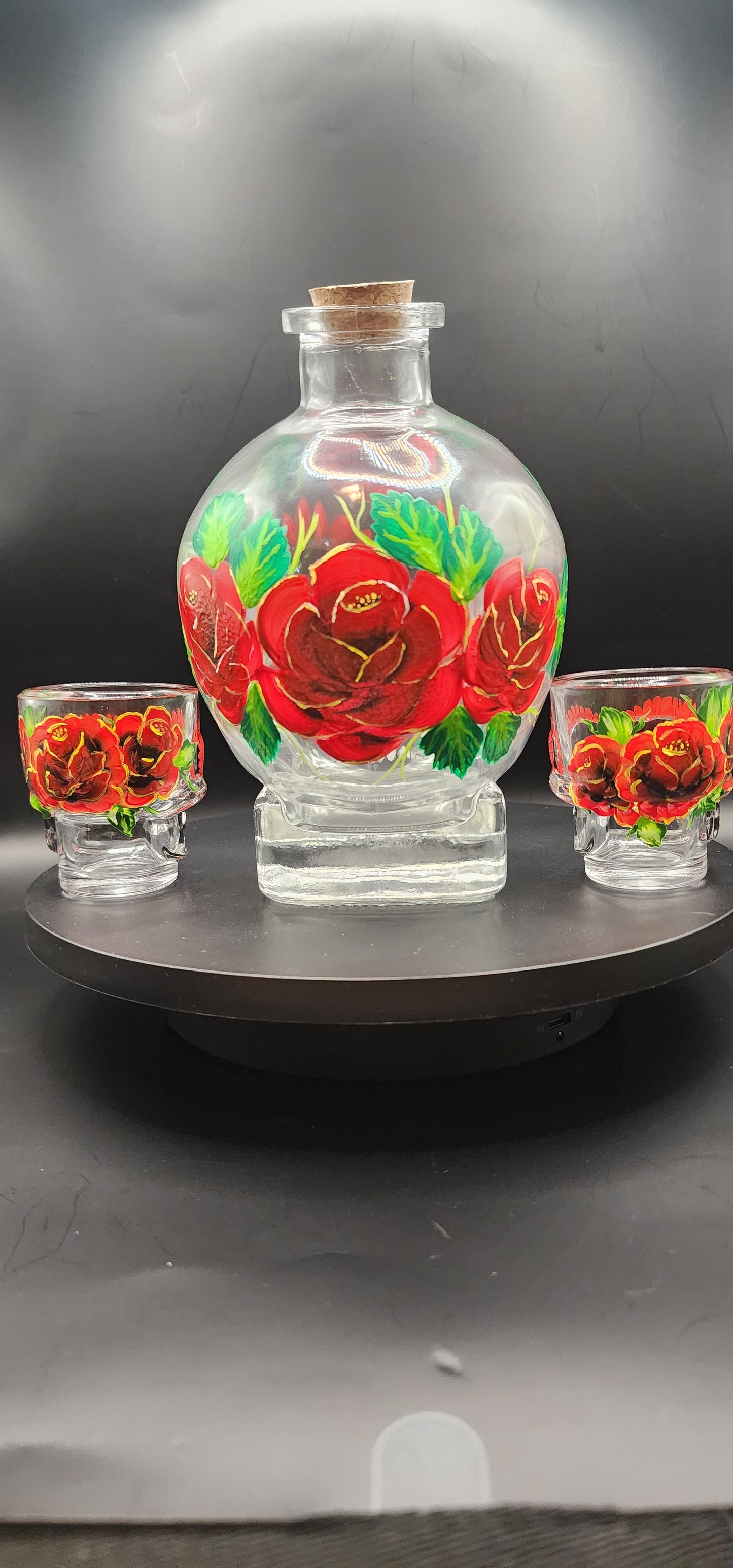 Autumn Red Roses Skull Decanter Set