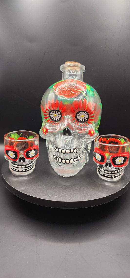 Autumn Red Roses Skull Decanter Set
