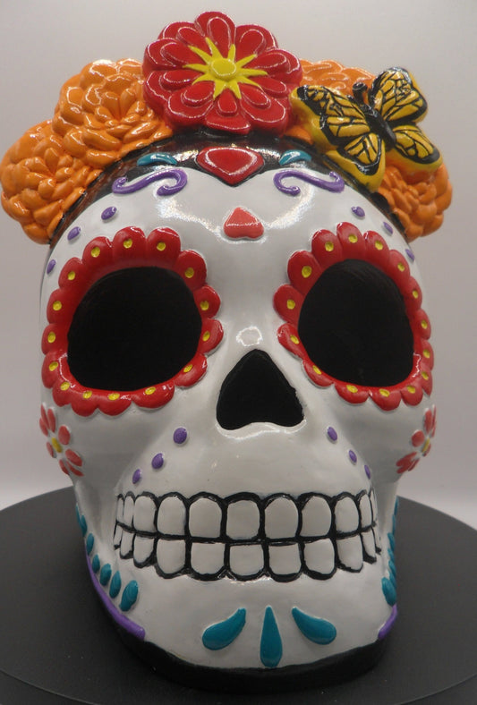 La Catrina Ceramic Skull with Butterfly on Flower Crown