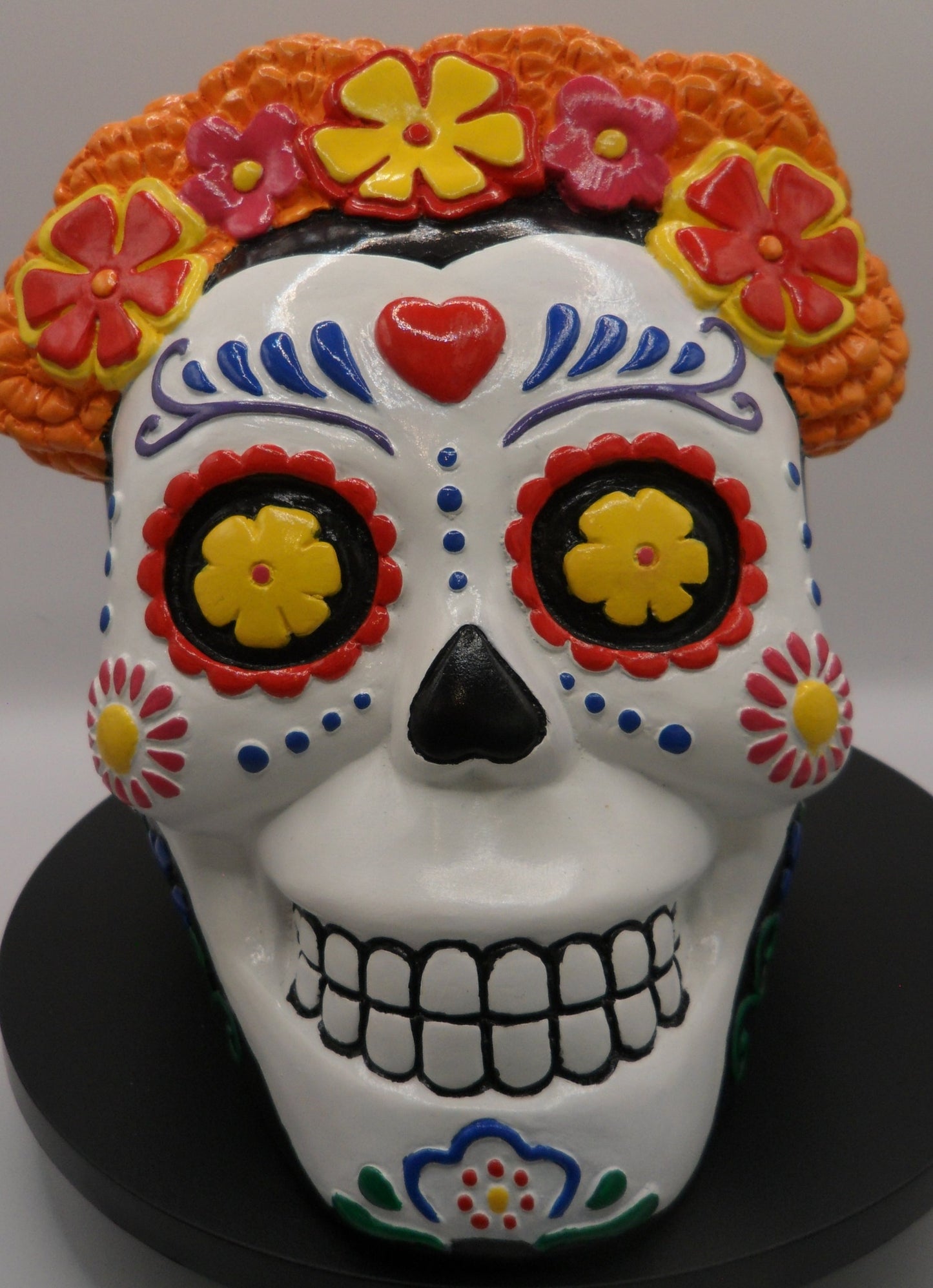 La Catrina Ceramic Skull with Marigold Flower Crown