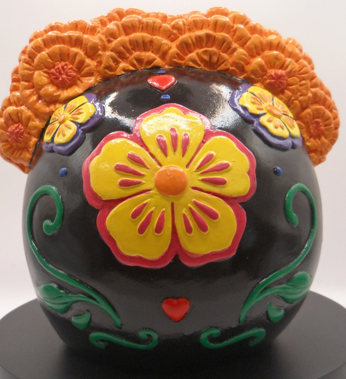 La Catrina Ceramic Skull with Marigold Flower Crown